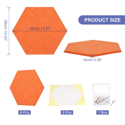 PATIKIL Felt Bulletin Board, 12"x10", 6 Packs Self Adhesive Hexagon Felt Tiles for Sound Proofing Wall Panels for Home Office Recording Studio,Game Room, Orange