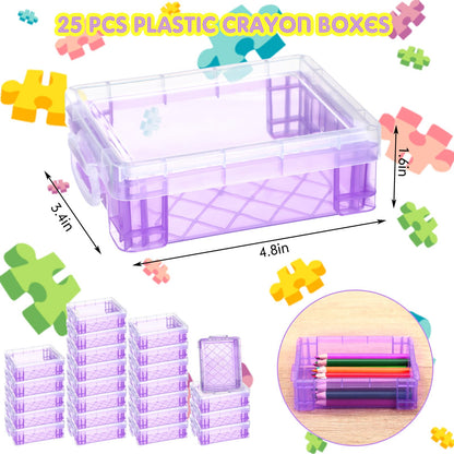 Suzile 25 Pcs Plastic Crayon Boxes with Snap Lids Crayon Storage Organizer Stackable Container Bulk Pencil Case for Pen Crafts Classroom Supplies(Purple)