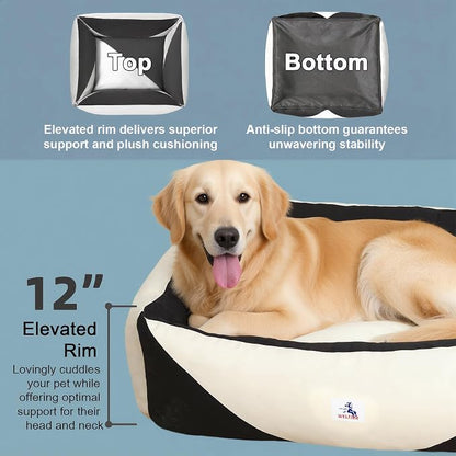 Cotton Canvas Dog Bed, Dog Beds Large Sized Dog, Orthopedic Bed with Washable Removable Cover, Durable 290 GSM Cotton Anti-Chewing Pet Bed with Anti-Slip Bottom (38"x30"x12", Black&White)