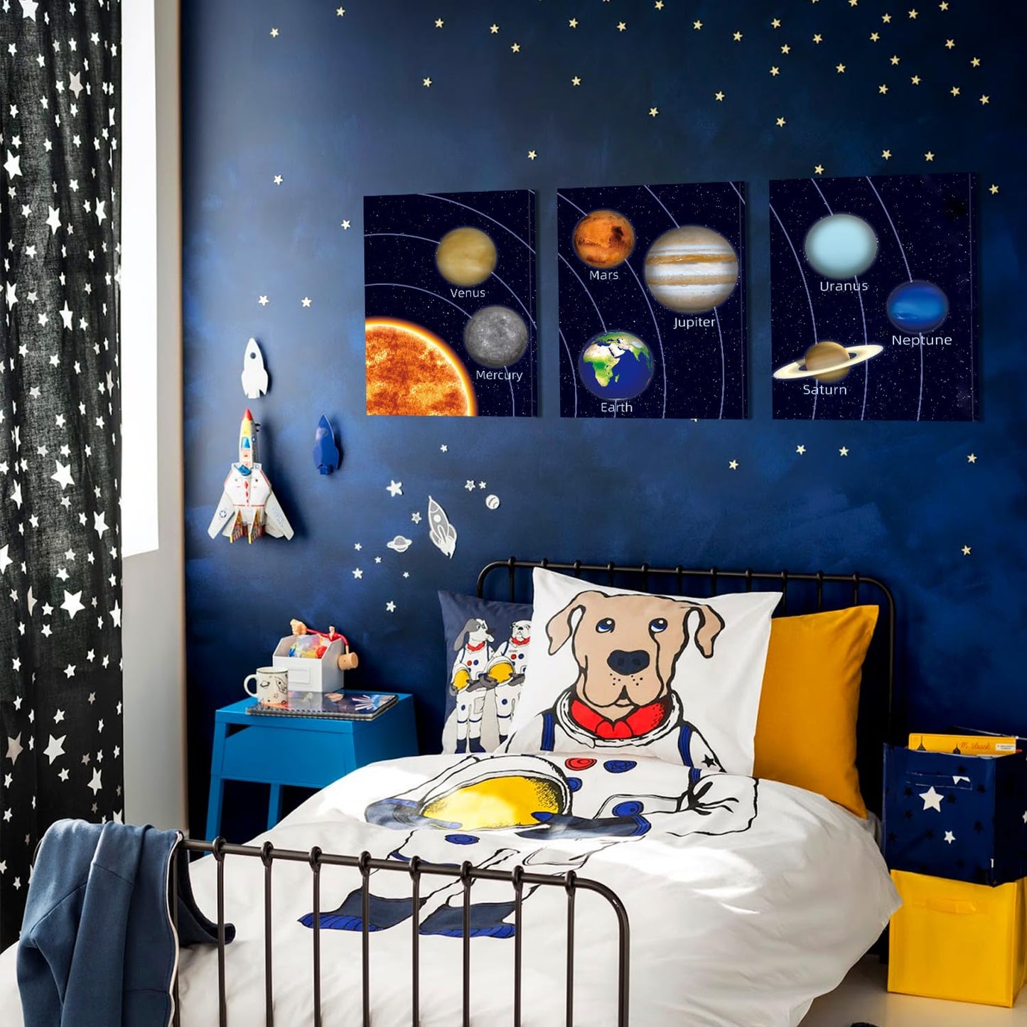 KAIRNE Boys Space Room Decor Framed Outer Space Wall Art Set of 3 (12X16inch) Kids Picture Planets Pictures Solar System Educational Teaching Poster for Boys Room Nursery Children Playroom Decor