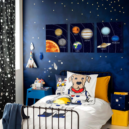 KAIRNE Boys Space Room Decor Framed Outer Space Wall Art Set of 3 (12X16inch) Kids Picture Planets Pictures Solar System Educational Teaching Poster for Boys Room Nursery Children Playroom Decor