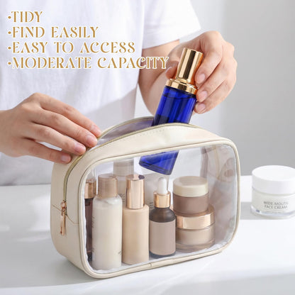 Abbylike 6 Pcs Clear Makeup Bags Bulk PU Leather Cosmetic Pouches Transparent Toiletry Bags with Zipper Waterproof Purse Skincare Car Organizer for Girl Women Travel Gifts(Beige)