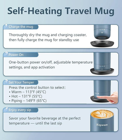Kepwam Self-Heating Travel Mug 20oz, Temperature-Controlled Coffee Warmer Mug, Smart Travel Coffee Mug Keep Coffee Drinks Hot, Heated Mug Great for Driver Outdoor Fits Car Cup Holders
