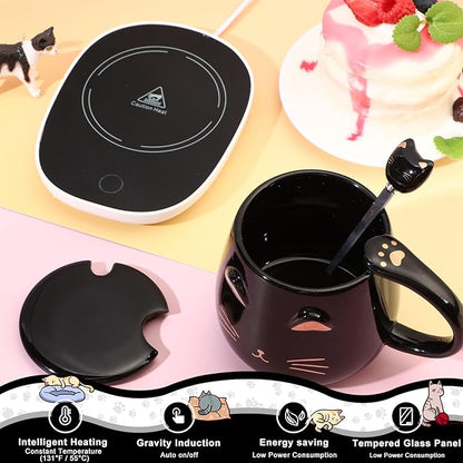 Cat Coffee Cup Coffee Warmer with Mug for Women Electric Mug Heater Temperature Control Ceramic Cute Cat Warmer for Office Valentine' Day Birthday Gift(Black)