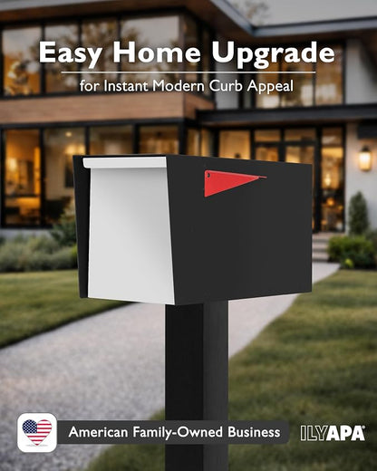 Ilyapa Modern Mailbox for Post Mount - Black with White Door Powder Coated Steel, Waterproof Letter Box for Parcels, with Recessed Magnetic Close Door