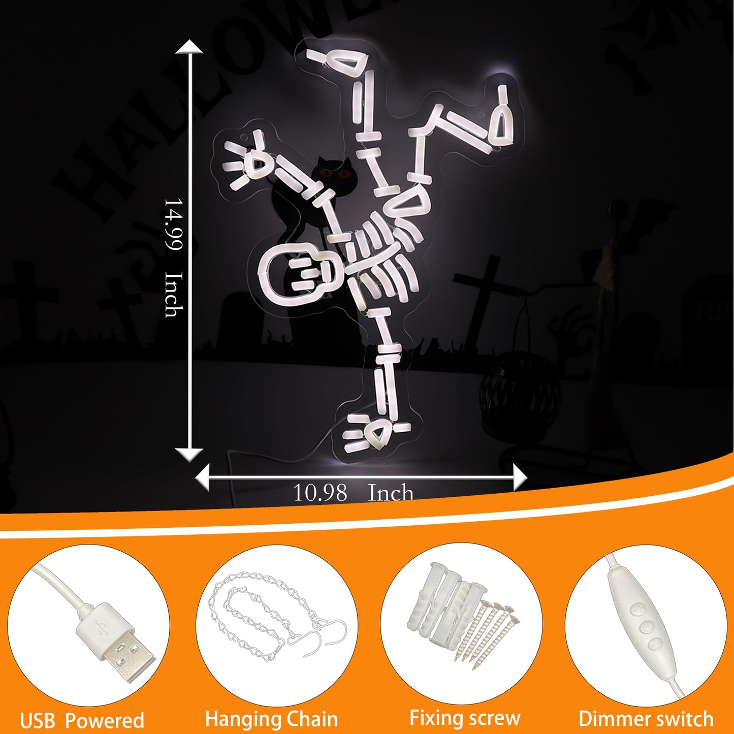 Dancing Skeleton Neon Sign for Halloween decorations - LED Skull Neon Light Up Sign for Wall Decor, Perfect for Man Cave Halloween Party Decor