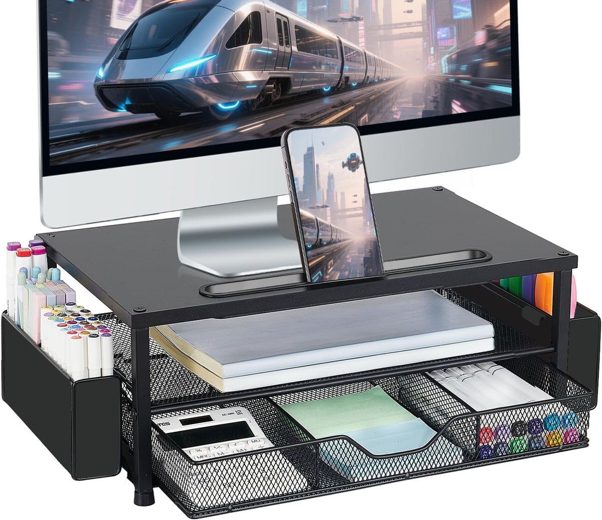 AUPSEN Wood Computer Monitor Stand Riser, 2-Tier Black Desk Organizer with Drawer, Pen Storage & Phone Holder ，Office Desk Accessories Desktop Organizer for Office Supplies