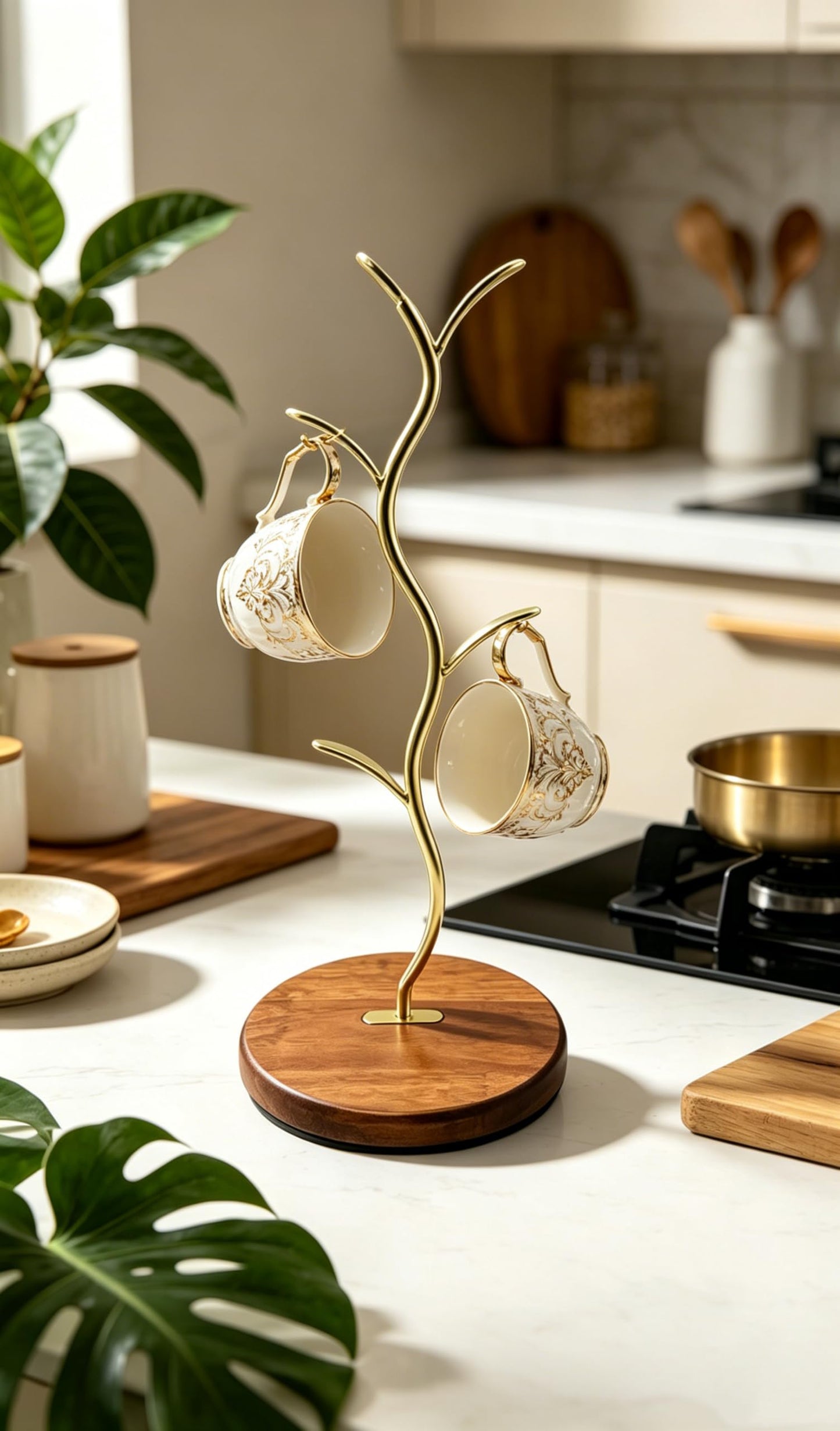 Mi hogar Leaf-Shaped Mug Tree Stand for Kitchen Counter, Modern Tabletop Organizer Holds 4 Mugs with Stable Round Base, Decorative Storage Rack for Coffee & Tea Cups