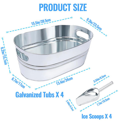 4Pcs 4 Gallon Galvanized Ice Bucket Large Galvanized Tub with Scoops Ice Bucket for Parties Mimosa Bar Supplies with Carry Handles Metal Beverage Tub for Champagne Cocktails Beer Drink Wine