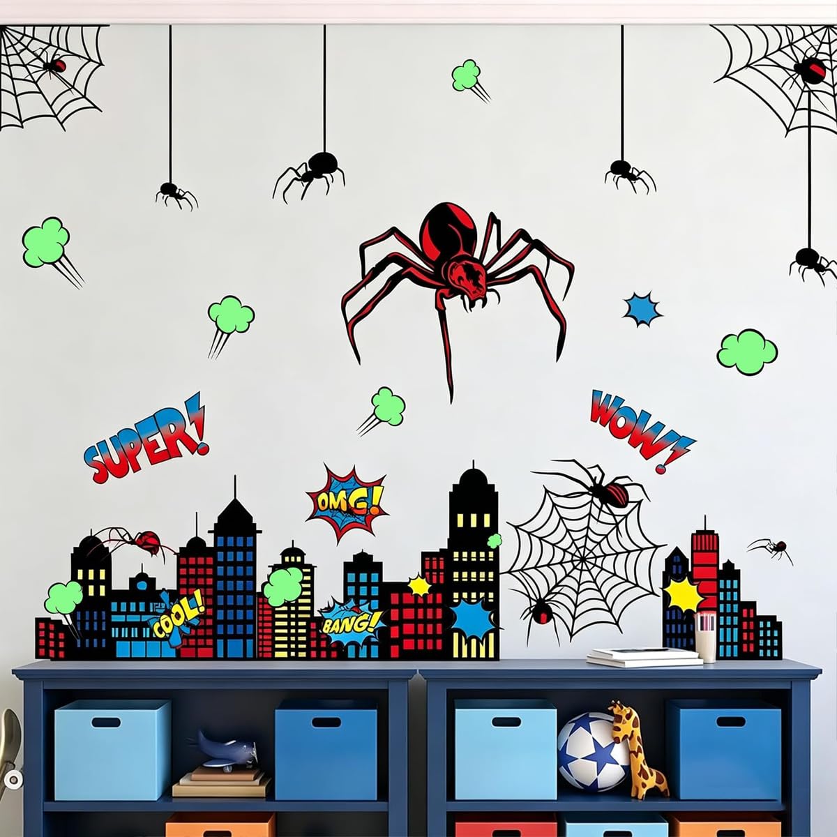 Spider Theme Wall Stickers - Removable Spider Web & Cityscape Wall Decals for Boys Bedroom, Playroom, Living Room