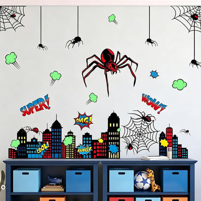 Spider Theme Wall Stickers - Removable Spider Web & Cityscape Wall Decals for Boys Bedroom, Playroom, Living Room