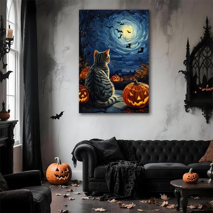 Black Cat Pumpkin Blue Starry Night Halloween Pictures Wall Decor,Bats Under Cosmic Sky Canvas Painting Print,Unique Celestial Home Wall Decor,Cute Animal Autumn Room Art Print,16"x24" Unframed