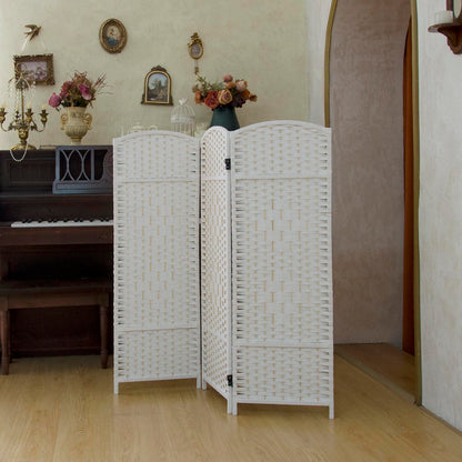 Pawlabay Compact 3 Panel Short Room Divider, 47.2 Inch Tall Double-Sided Rattan Folding Screen for Home & Office,White
