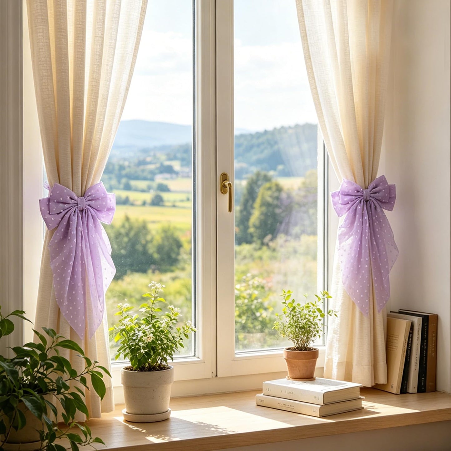 2 Pack Purple Curtain Tiebacks, Romantic Bow Curtain Ties with Clips, Decorative Sheer Curtain Holdbacks, Boho Curtain Tie Backs for Bedroom Nursery Living Room Home Decor (Purple)