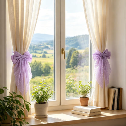 2 Pack Purple Curtain Tiebacks, Romantic Bow Curtain Ties with Clips, Decorative Sheer Curtain Holdbacks, Boho Curtain Tie Backs for Bedroom Nursery Living Room Home Decor (Purple)
