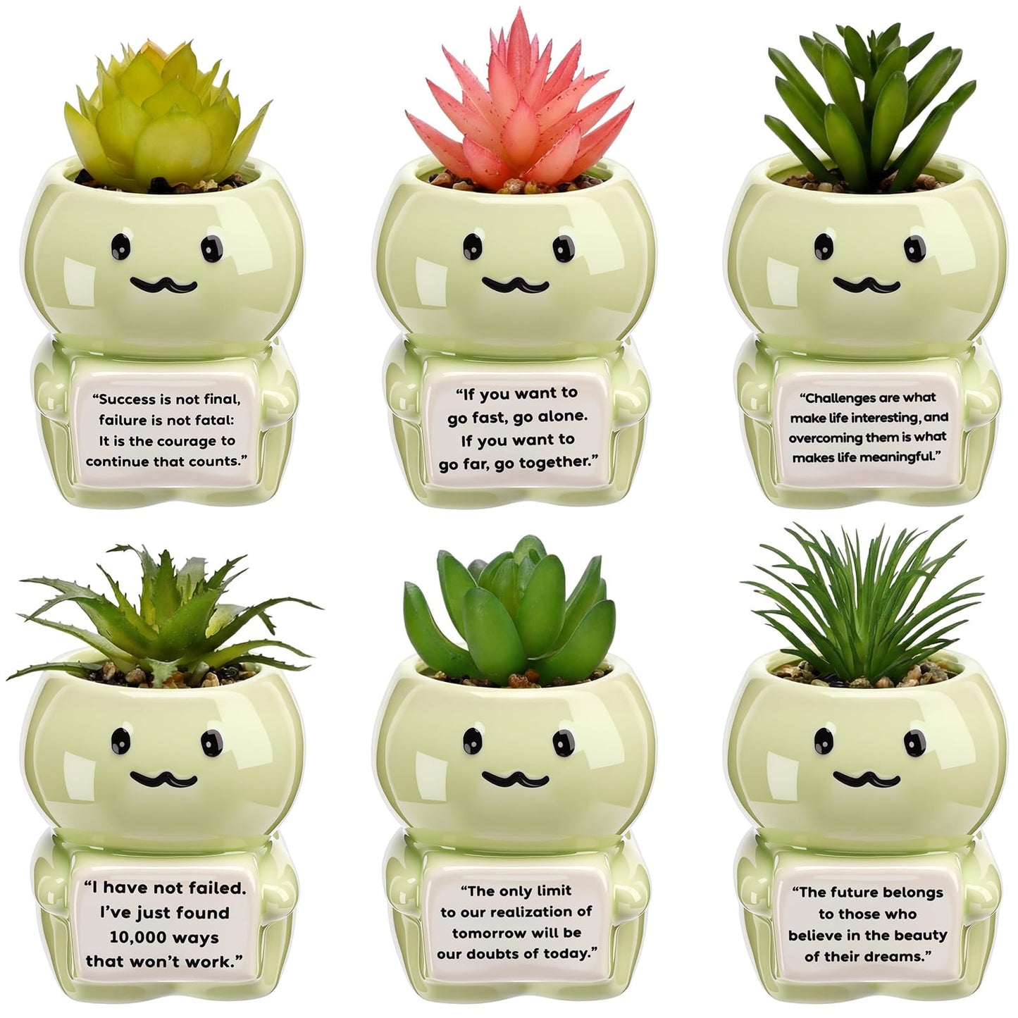 Ferrochef 6 Pack 2.95 Inch Cute Dinosaur Ceramic Succulent Planter Pots with Drainage Hole, Mini Inspirational Flower Planter Tiny Cactus Pot for Indoor Outdoor Plant, Encouragement Gift for Women Men