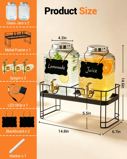 PAROTO Glass Drink Dispensers for Parties, 2 Pack 1 Gallon Each Beverage Dispenser with Stand and LED Strip Light, Juice Lemonade Water Dispenser with Spigot for Wedding, Bar, Picnic, BBQ, Buffet