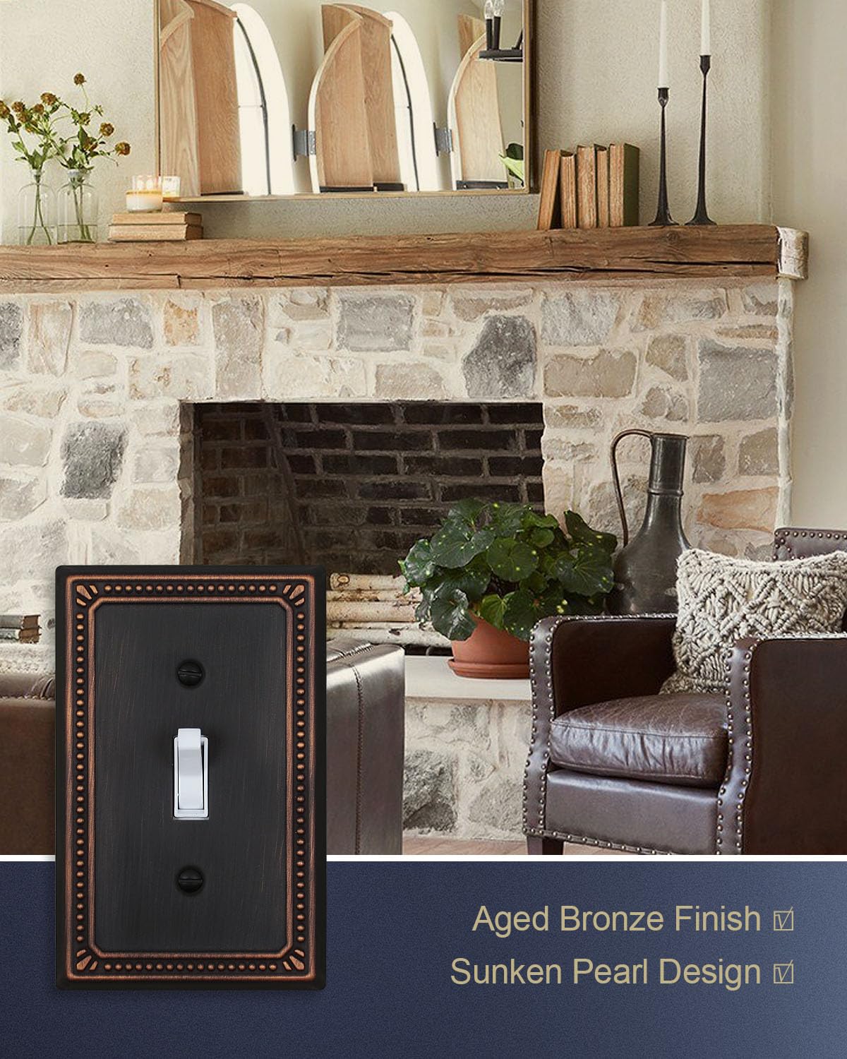 ZILLSEA Metal Wall Plates, Switch Plates and Outlet Covers, Decorative Pearl Design (1 Toggle 4PK, Aged Bronze, Midsize)