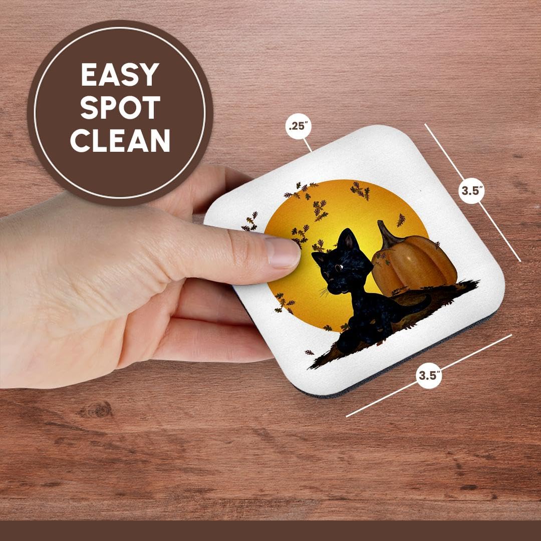 3dRose CST_19396_1 Black Cat with Pumpkins and Halloween Moon Soft Coasters, Set of 4