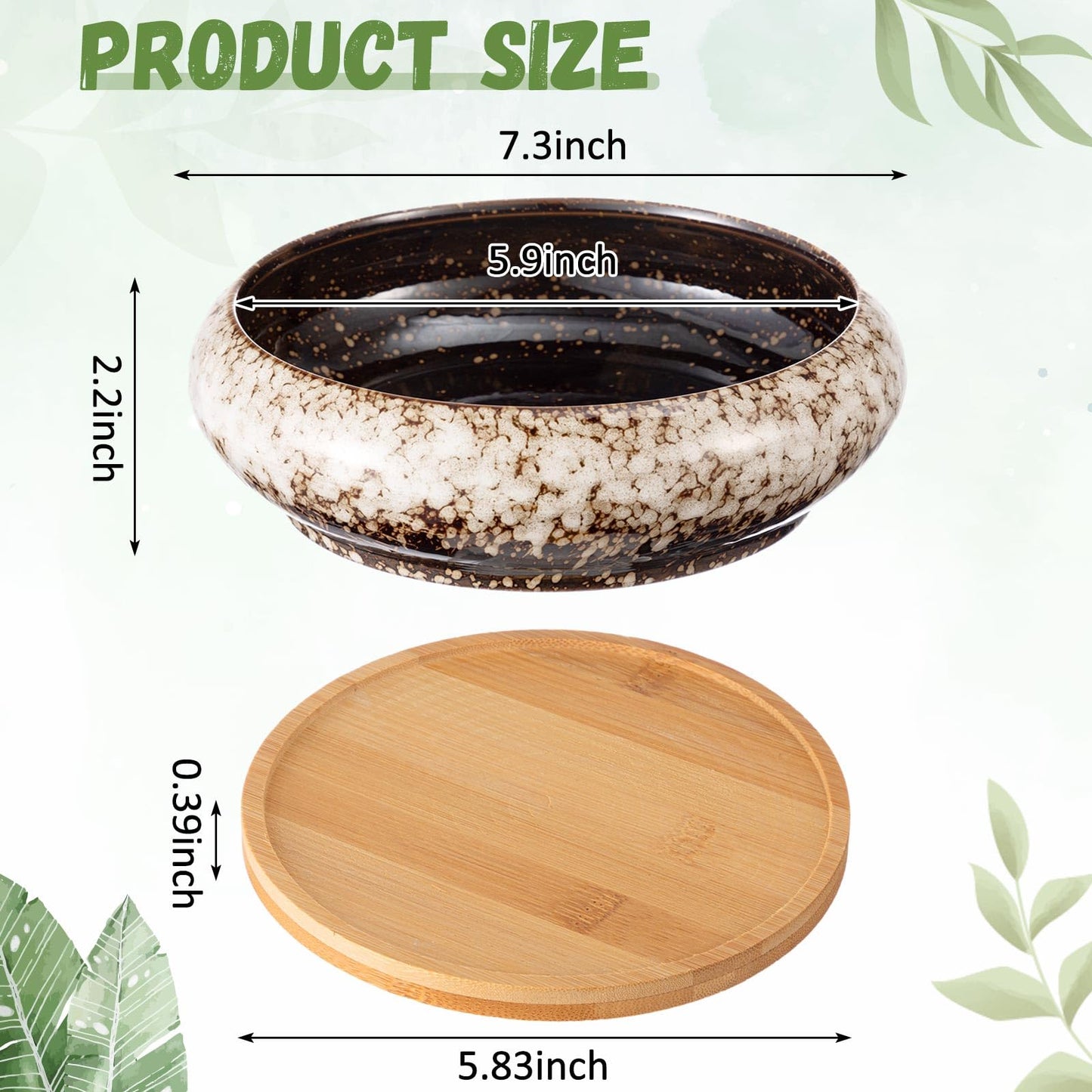 Acellegic 5 Pcs 7.3'' and 4'' Round Large Shallow Succulent Ceramic Planter Pots with Drainage Hole Drip Glazed Shallow Bonsai Pot with Bamboo Tray for Indoor Outdoor Plants Decor Cactus Flower