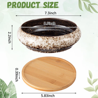 Acellegic 5 Pcs 7.3'' and 4'' Round Large Shallow Succulent Ceramic Planter Pots with Drainage Hole Drip Glazed Shallow Bonsai Pot with Bamboo Tray for Indoor Outdoor Plants Decor Cactus Flower