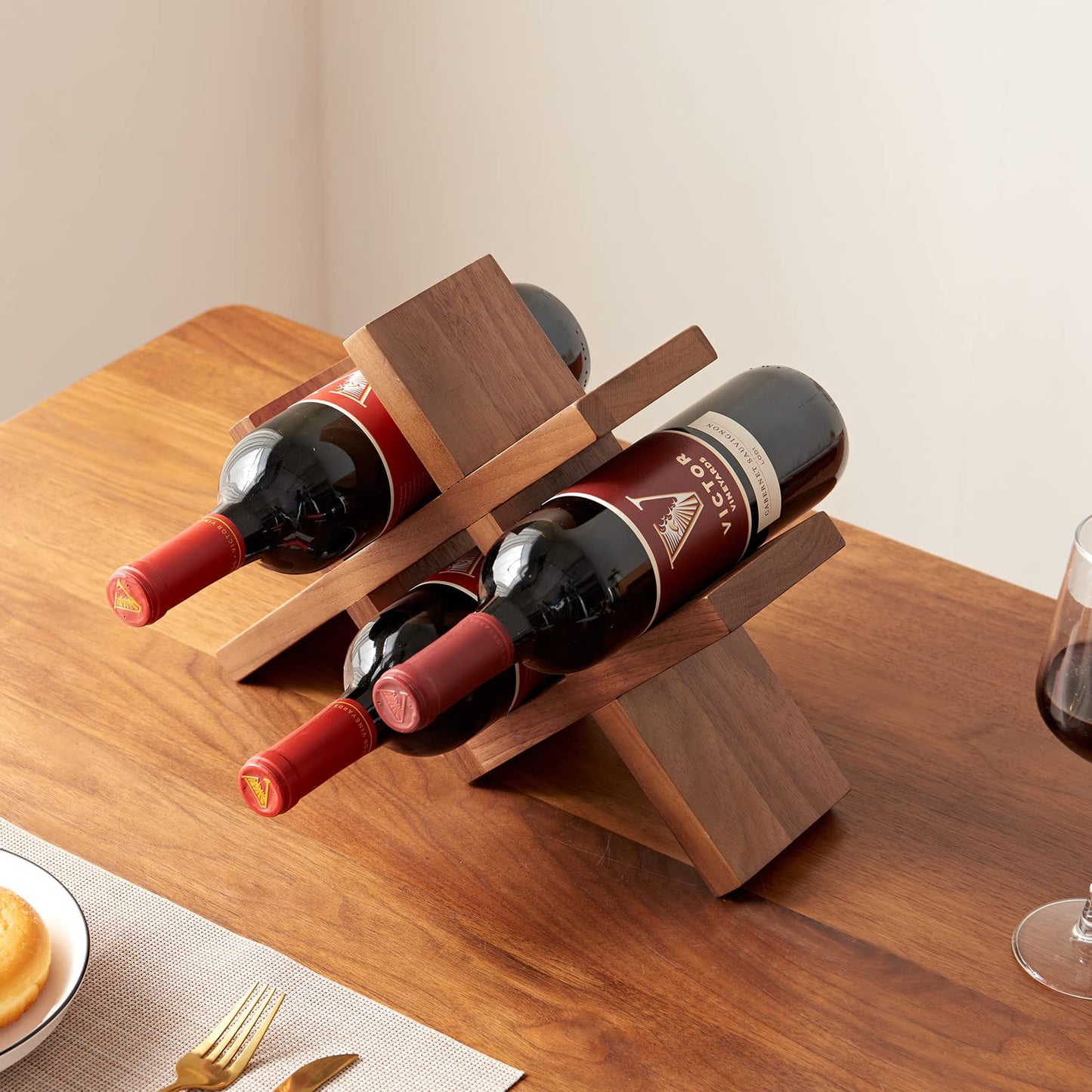 TREOAKWIS Wine Rack Countertop Oak Solid Wood Wine Organizer Rack 4 Bottles Holder for Wine, Drinks, Beer, Suit for Home, Bar, Kitchen,Cellar Basement (Walnut)