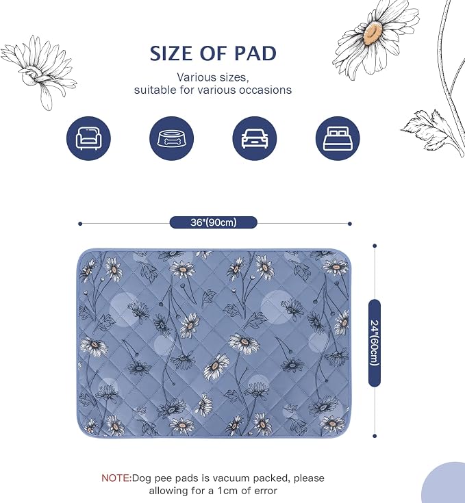 IEUUMLER Washable Pee Pads for Dogs, 2 Pack Non-Slip & Waterproof Pack Whelping Pad, Reusable Washable Puppy Potty Training Pad with Fast Absorbent for Playpen EU007 (Gray Blue Daisy, 36"X24"-2pcs)