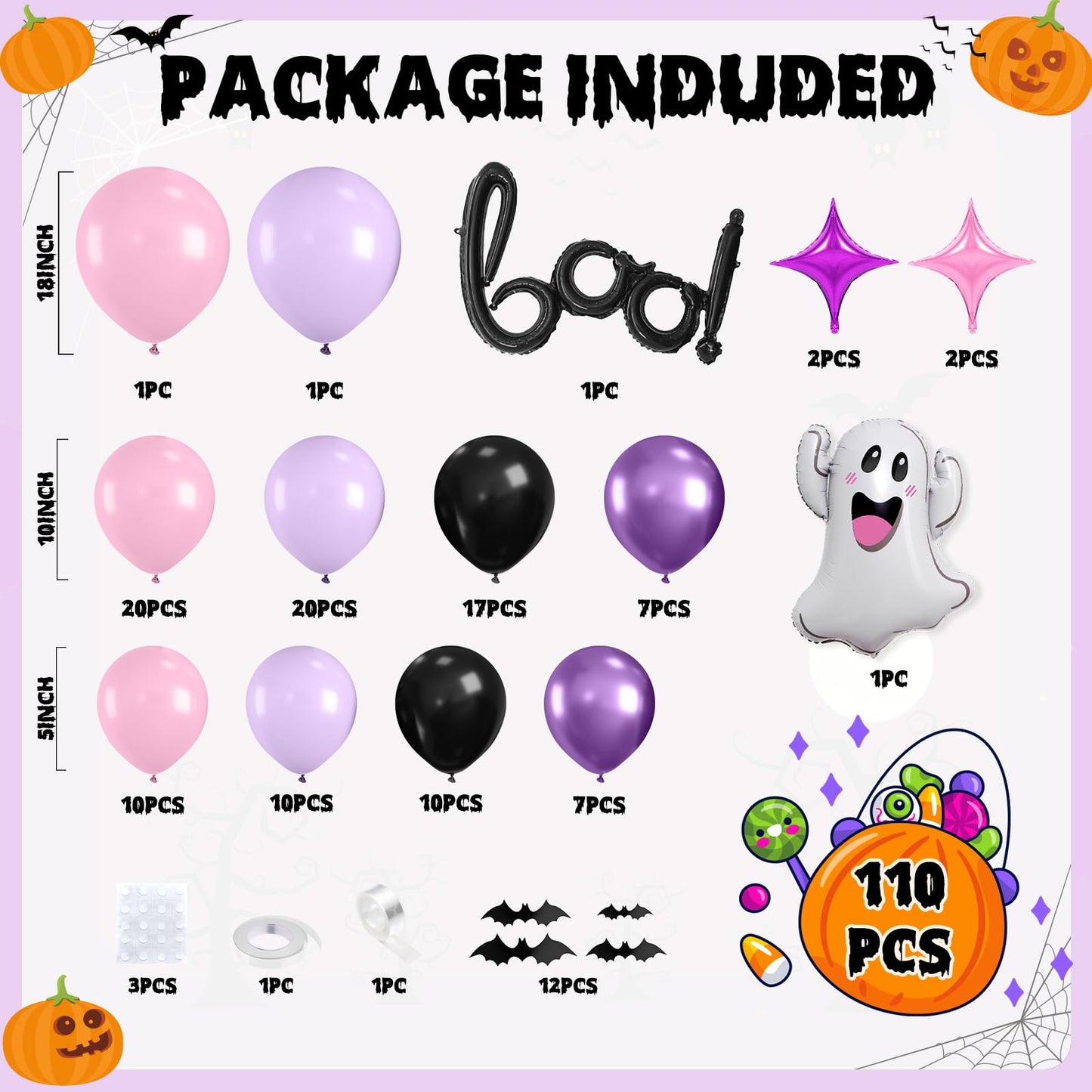 Halloween Balloon Arch Garland, Pink Purple Balloons with Star Cute Ghost Boo Foil Balloon, Metallic Purple Pink Black Latex Balloons Bat Stickers for Kids Girls Birthday Halloween Party Decorations