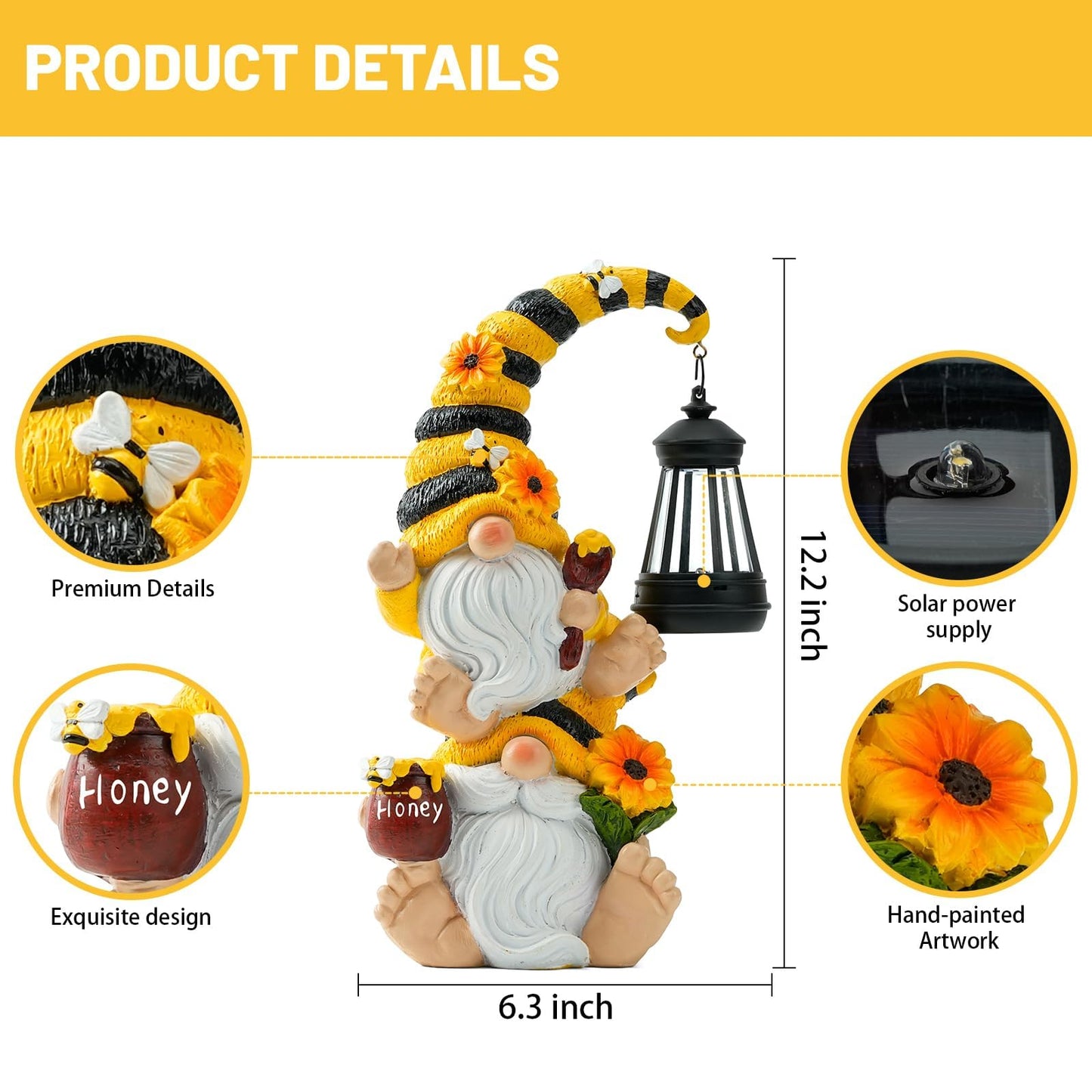 QZZP Solar Bee Garden Gnomes with LED Lantern – Waterproof Stacked Outdoor Decor for Yard, Patio – Unique Gnome Gift for Women, Mom, Grandma (Weatherproof Resin, Outdoor Statues)