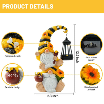 QZZP Solar Bee Garden Gnomes with LED Lantern – Waterproof Stacked Outdoor Decor for Yard, Patio – Unique Gnome Gift for Women, Mom, Grandma (Weatherproof Resin, Outdoor Statues)