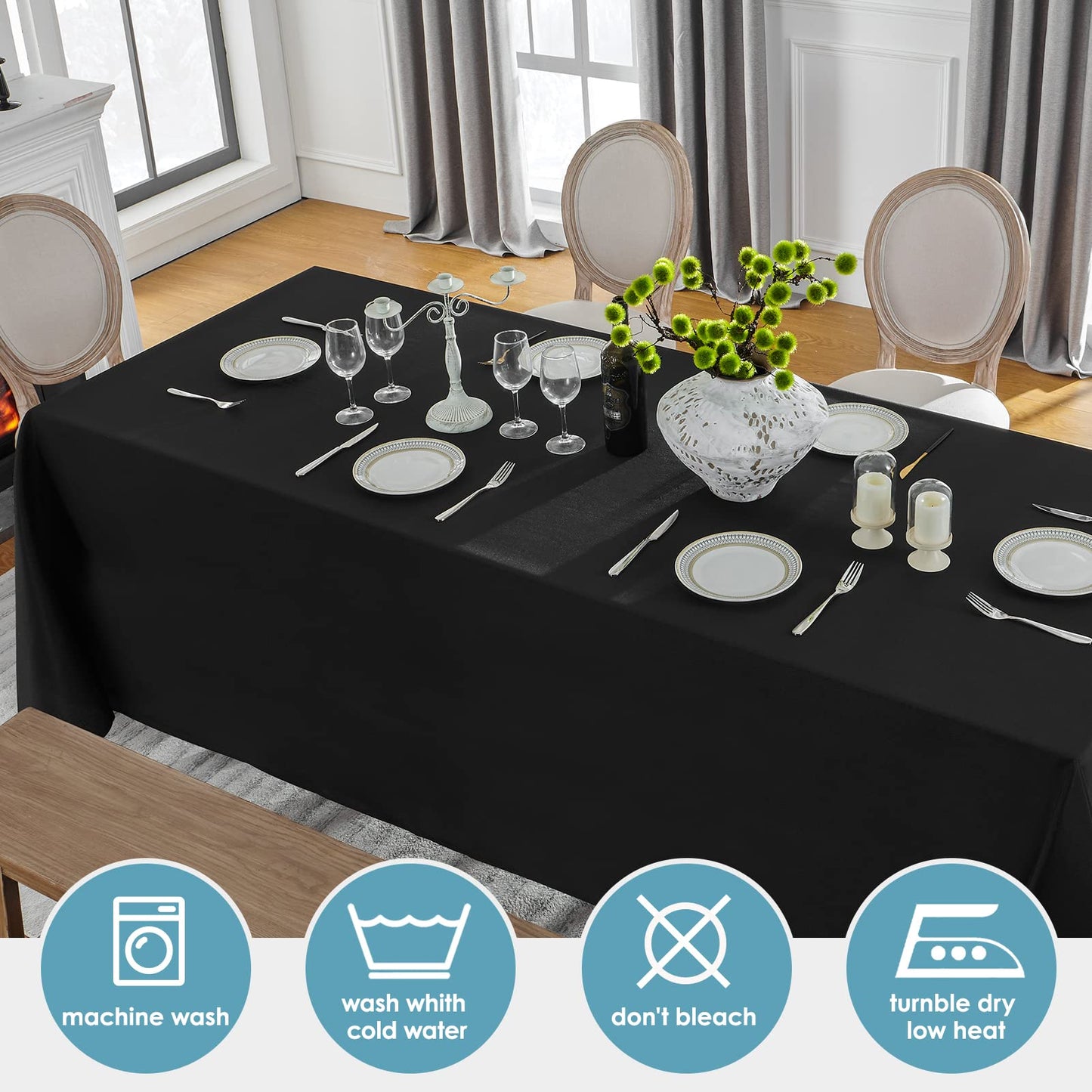 VidaFete 1 Pack Tablecloth 90 * 132inch Rectangle Table Cloth Polyester, Stain Wrinkle Resistant Polyester Dining Table Cover for Kitchen Dinning Party Wedding Tabletop Buffet Decoration(Black)