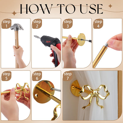 Blulu 2 Pcs Metal Bow Curtain Holdbacks Gold Wall Mounted Bow Curtain Hold Backs Curtains Modern Gold Holders for Living Room Bedroom Office Home