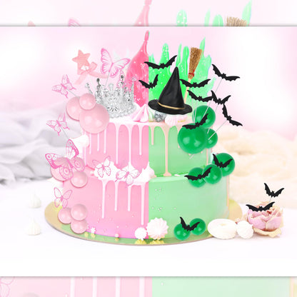 74 Pcs Witch Theme Cake Decorations Party Supplies - Green&Pink Balloons, Mini Witch Hat, Crown, Broom, Magic Wand, Bat and Butterfly Cake Topper - for Princess Witch Halloween Birthday Decoration