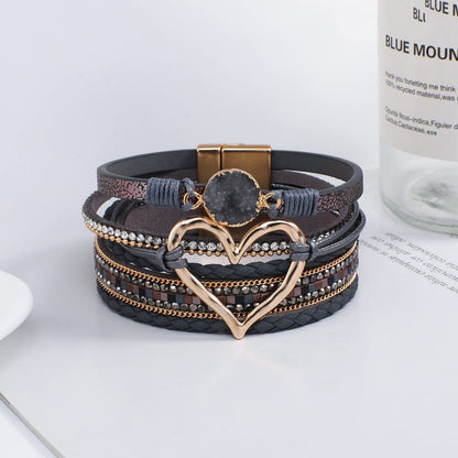 hotoo Leather Wrap Bracelet for Women Gray Beaded Cuff Bracelet with Heart-shape Decor Bohemian Crystal Bracelet Jewelry with Clasp Bangle Bracelet for Women Birthday Holiday Gift