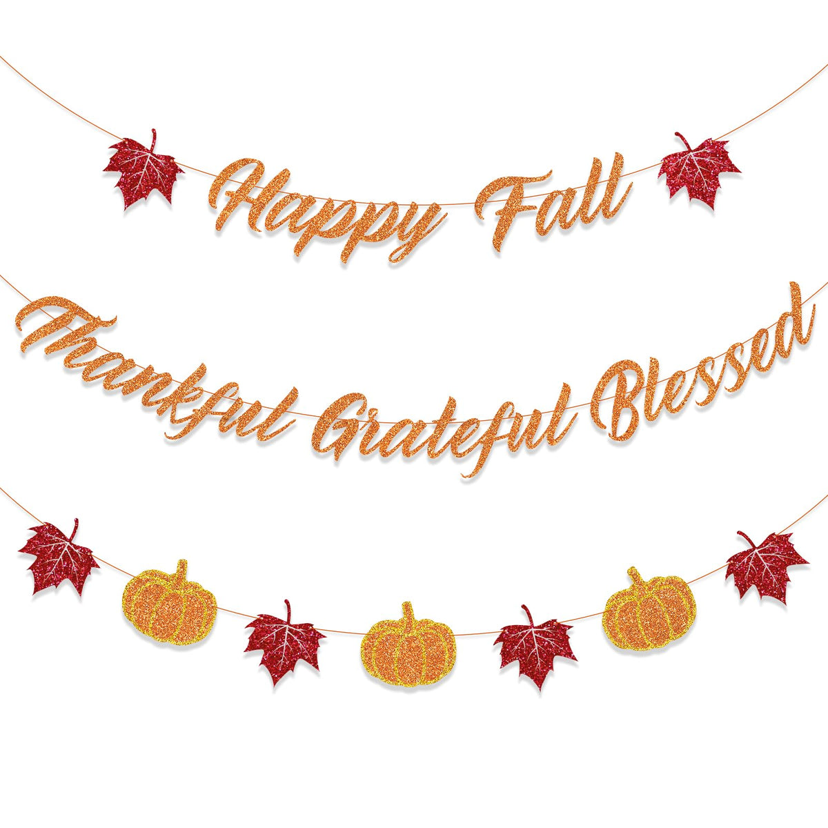 Tinbax Fall Decorations Home Thanksgiving decor - Happy Fall and Blessed Grateful Thankful Banner with Pumpkin Maple Leaves Sign Garland Banner(Pre-Strung)
