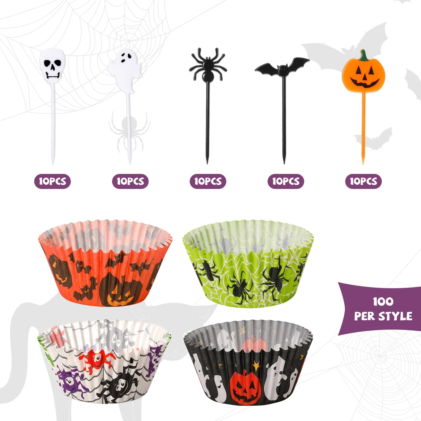 Cunhill 150 Pieces Halloween Picks Set 50 Plastic Cupcake Topper Pumpkin Bat Ghost Toothpicks with 100 Paper Cupcake Liners Muffin Wrappers Baking Cups for Birthday Halloween Party Supplies