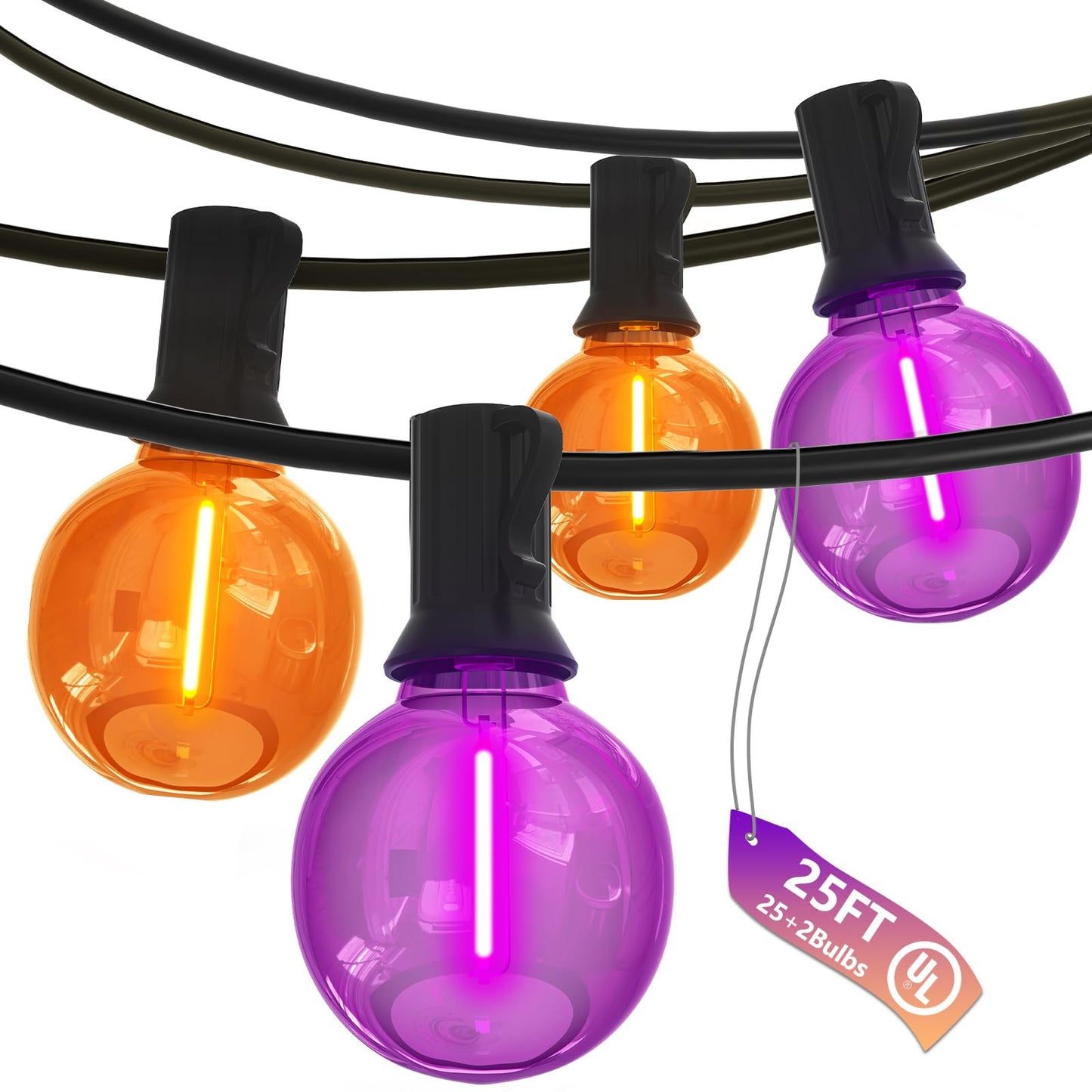 SUNSGNE G40 LED Outdoor Halloween String Lights 25FT Globe String Lights with 27 LED Shatterproof Clear Orange Purple Lights(2 Spare) for Patio Balcony Backyard Pergola Decor