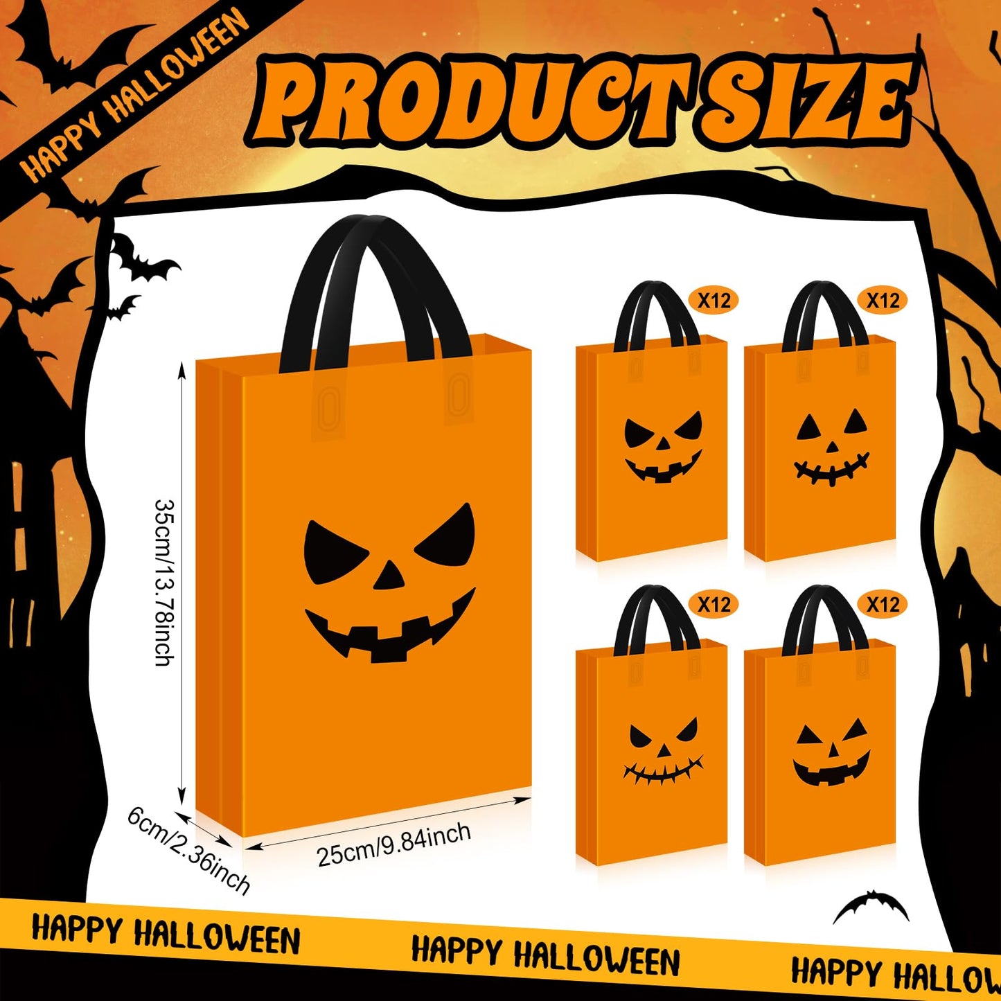 Gersoniel 48 Pcs Halloween Plastic Gift Bags with Handle Treat or Trick Pumpkin Tote Bags Candy Goodie Bag for Home Treat or Trick Halloween Party Favor Supplies Decorations