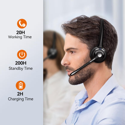 TECKNET Wireless Headset, Bluetooth Headphones with Noise Cancelling Microphone for Trucker, Hand Free Wireless Headset with Mute Mic