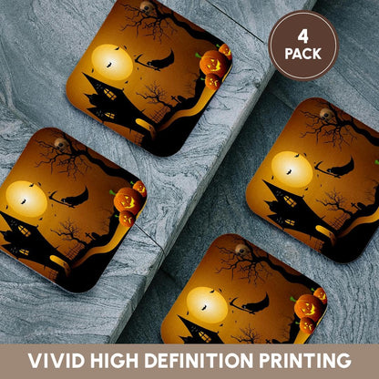 3dRose CST_152289_1 Halloween House with Pumpkins Skulls Bats and The Grim Reaper Soft Coasters, Set of 4