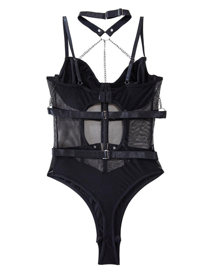Lilosy Sexy Crisscross Choker Leather Pu Underwire Babydoll Women Harness Teddy Bodysuit Nightshirt One Piece Push Up Mesh Sheer Nightgown Chain Black Large