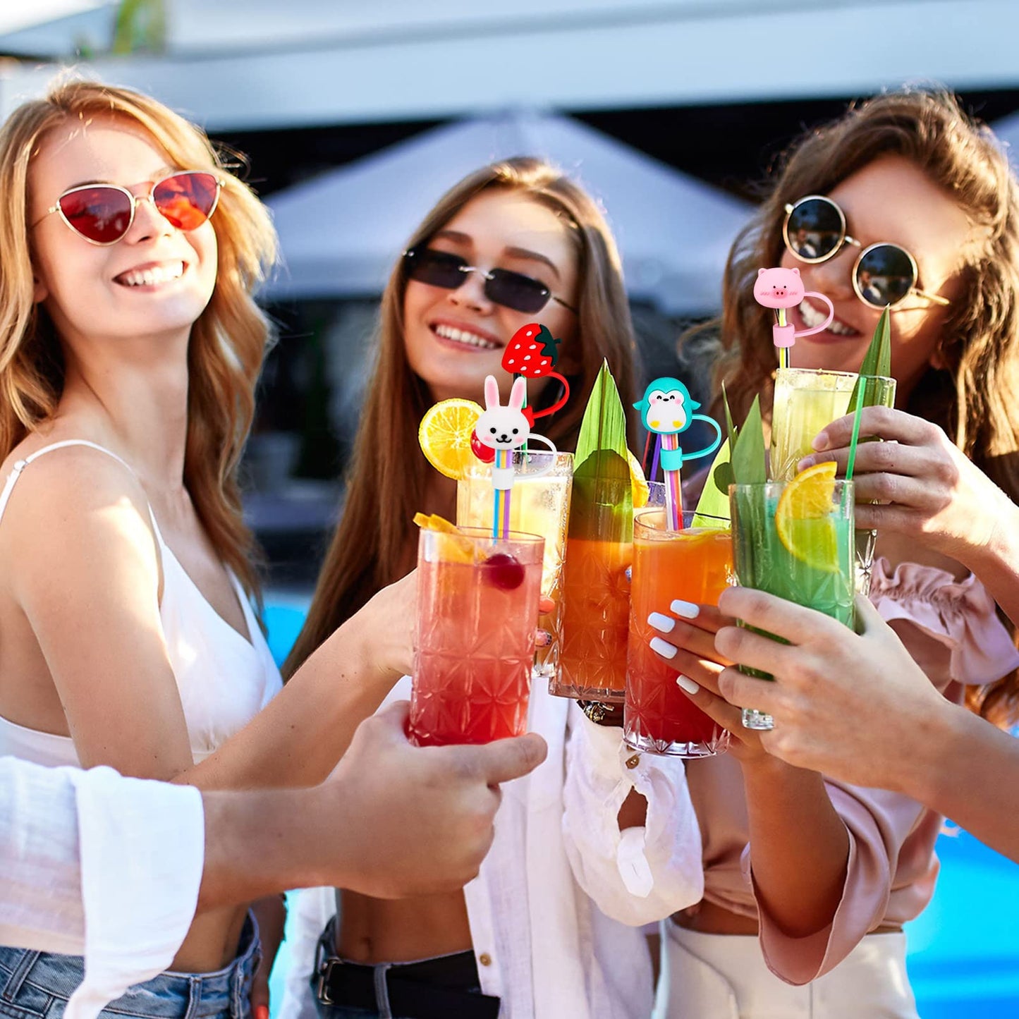 Nuenen 24 Pcs Straw Covers Caps Silicone Reusable Topper Tips Cute Cartoon Lids Splash Proof Plug for 6-8 mm Straws Tumblers Summer Beach Party Favors Home Kitchen Accessories