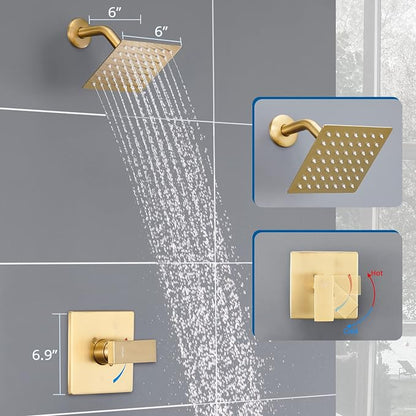 Esnbia Shower Kit, Shower Faucet Set（Valve Included) with 6-Inch Rain Shower Head, Single-Handle Shower Trim Kit, Brushed Gold