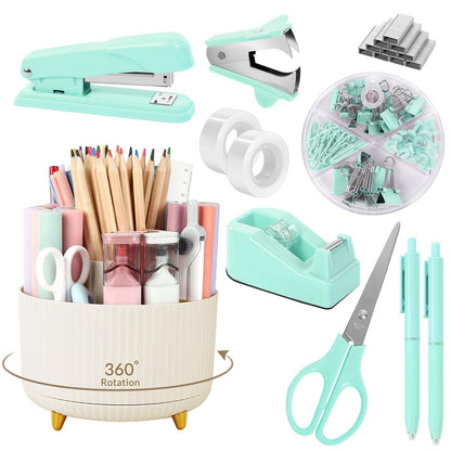 SKYDUE Teal Office Supplies Set, Office Desk Accessories 10Pcs, Pencil Holder for Desk, Stapler, Tape Dispenser, Scissors, Clips and 1000pcs Staples, School Supplies for Teacher