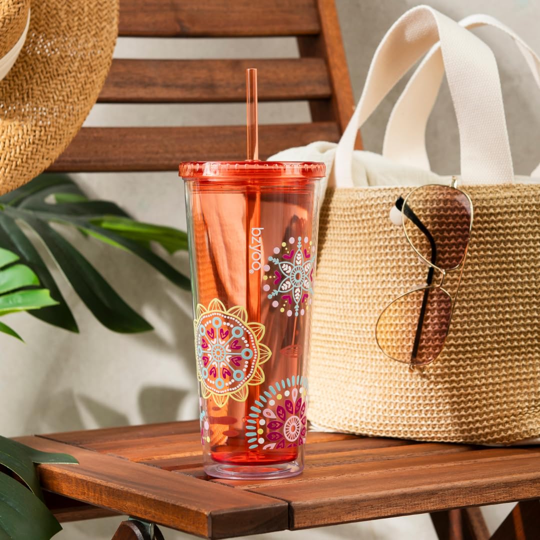 bzyoo SIP 24oz (710ml) Double Wall Plastic Tumbler with Lid and Straw Cold Drink Travel Mug Reusable Party Cup Perfect for Ice Coffee, Tea Office Poolside Parties Gifts Color: Medallion Orange