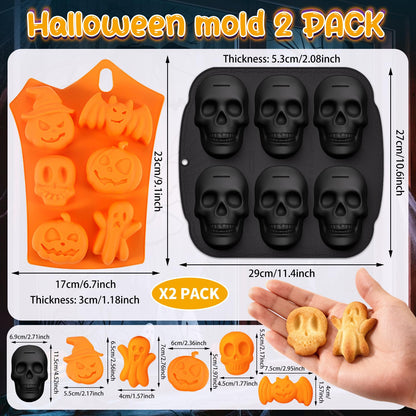 Qibiyuu Halloween Skull Cake Pan & Pumpkin Silicone Molds Set – 6 Cavity 3D Skull Baking Pan + 6 Halloween Shape Silicone Molds (Pumpkin, Ghost, Bat) for Cakes, Chocolate, Candy, DIY Party Baking