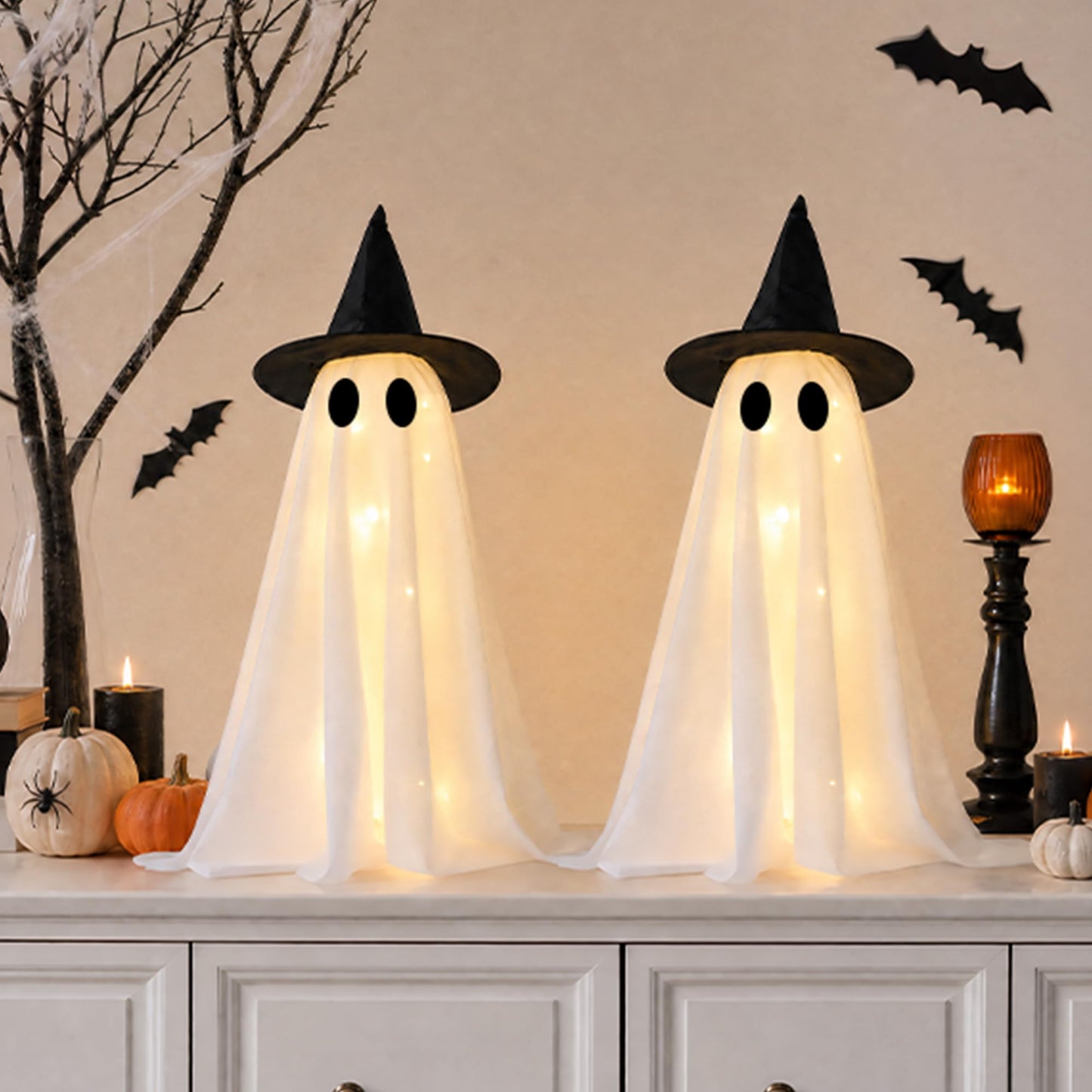 Halloween Decorations-Set of 2 Light-Up Ghosts with Witch Hats, Ghost Table Centerpiece-Spooky Tabletop Decor for Mantel Dining Table Party Indoor Home Decor