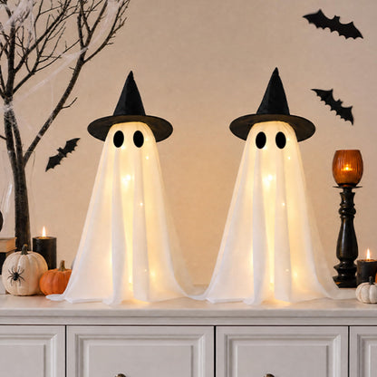 Halloween Decorations-Set of 2 Light-Up Ghosts with Witch Hats, Ghost Table Centerpiece-Spooky Tabletop Decor for Mantel Dining Table Party Indoor Home Decor