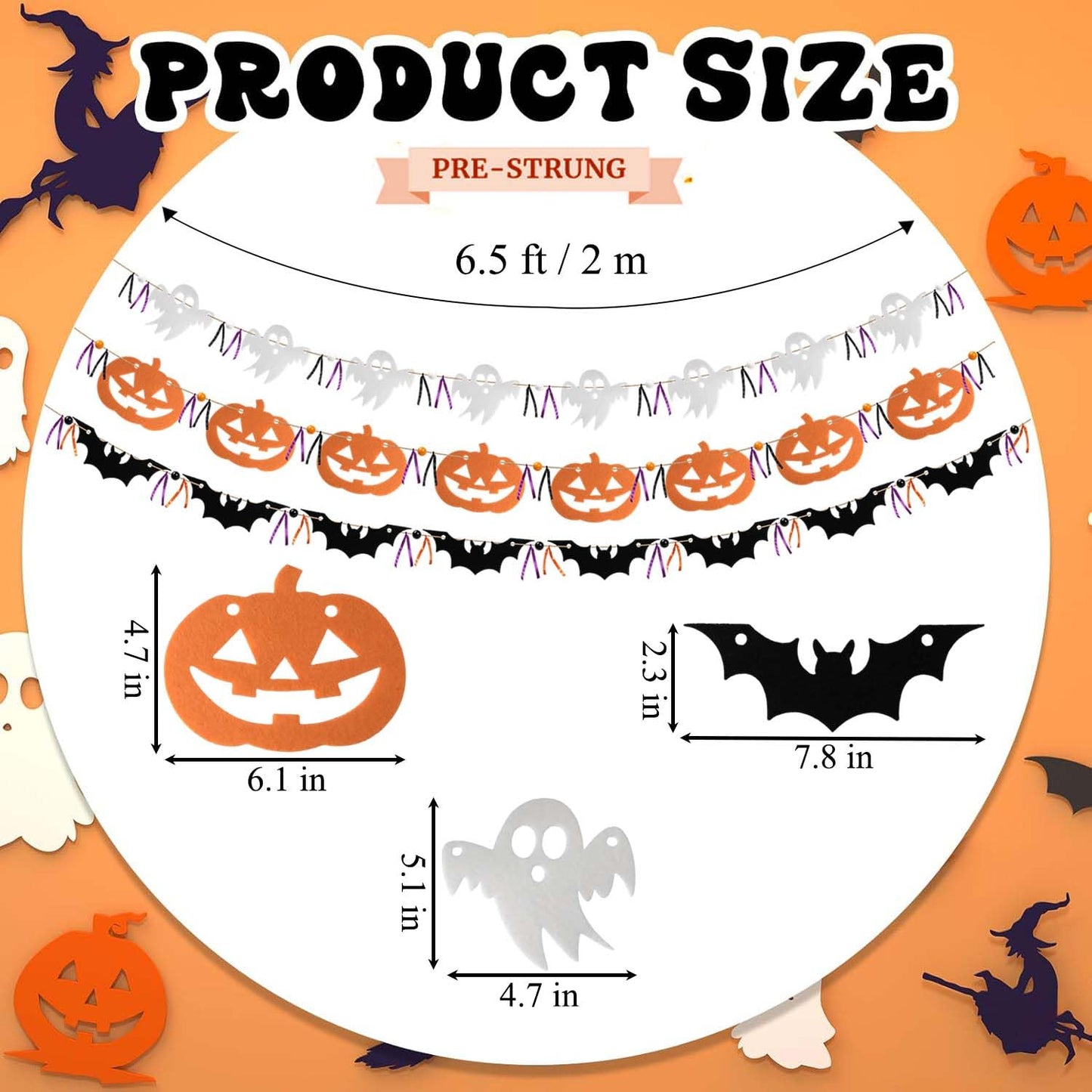 FuSenYuan Halloween Felt Garland Set of 3 (Pre-Strung) Ghost Bat Pumpkin Garland with Wooden Beads and Ribbons Felt Halloween Hanging Garland Banner for Party Mantle Home Wall Decor
