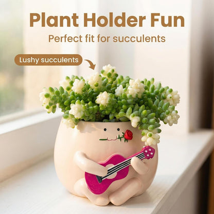 TEARS OF GAIA Lovely Face Planter Pot, Cute Resin Flower Head Planters with Drainage, for Mom, Funny Succulent Plant Lover Gift, Unique Gift Ideal for Plant Lovers (Guitar Baby)
